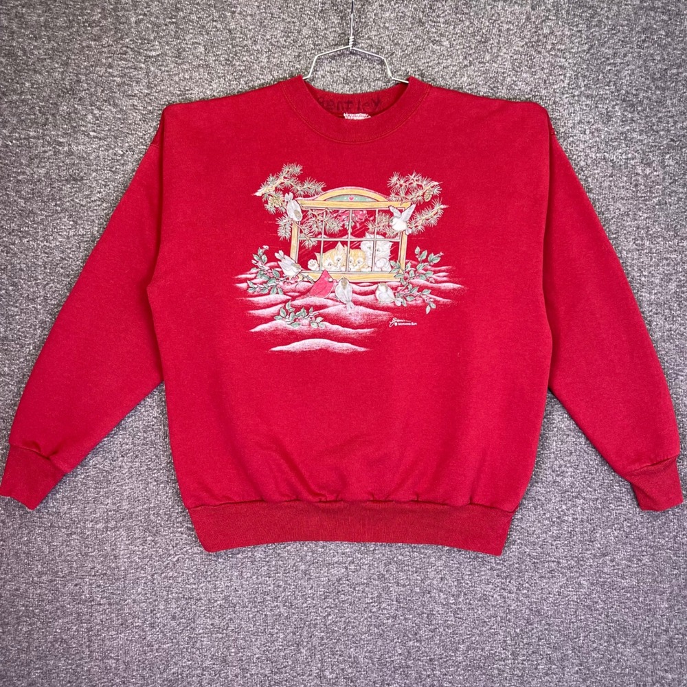 Morning Sun Sweatshirt Womens XL Graphic Winter Kitten Bird Holiday Cozy Retro